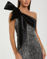 Black and Silver One Shoulder Embellished Gown With Velvet Bow